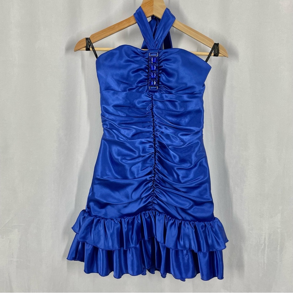 Vintage Jessica McClintock Gunne Sax Sleeveless Tie Satin Mini Dress XS Y2K Blue